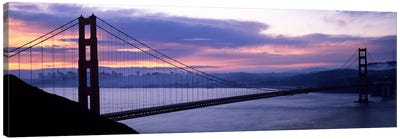 Silhouette of a suspension bridge at dusk, Golden Gate Bridge, San Francisco, California, USA Canvas Art Print - City Sunrise & Sunset Art