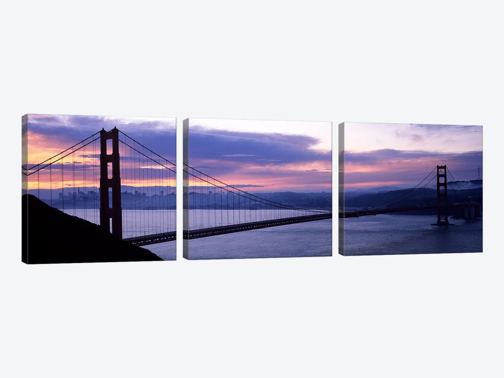 Silhouette of a suspension bridge at dusk, Golden Gate Bridge, San Francisco, California, USA by Panoramic Images 3-piece Art Print