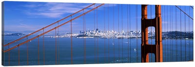 Suspension bridge with a city in the background, Golden Gate Bridge, San Francisco, California, USA Canvas Art Print - San Francisco Skylines