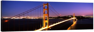 Suspension bridge lit up at dusk, Golden Gate Bridge, San Francisco, California, USA Canvas Art Print - Golden Gate Bridge