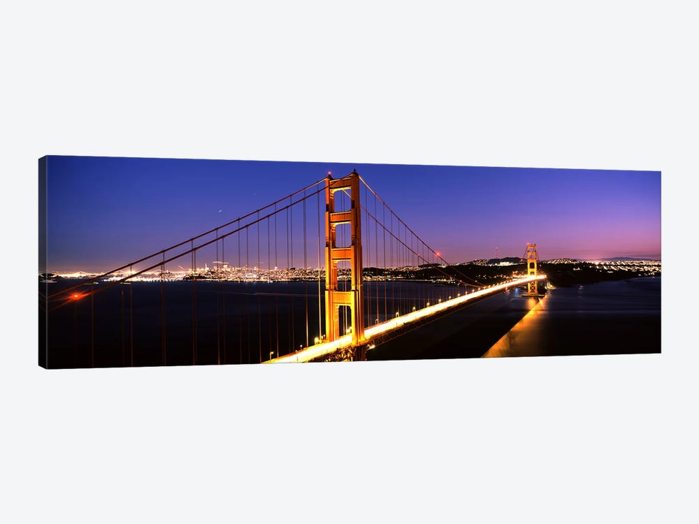 Suspension bridge lit up at dusk, Golden Gate Bridge, San Francisco, California, USA by Panoramic Images 1-piece Canvas Art Print