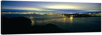 Suspension bridge lit up at dusk, Golden Gate Bridge, San Francisco Bay, San Francisco, California, USA #2 Canvas Art Print - Famous Bridges