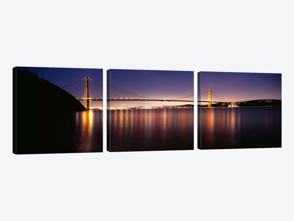 Suspension bridge lit up at dusk, Golden Gate Bridge, San Francisco Bay, San Francisco, California, USA #3 by Panoramic Images 3-piece Canvas Art Print