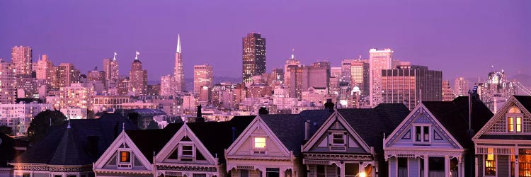 Skyscrapers lit up at night in a city, San Francisco, California, USA