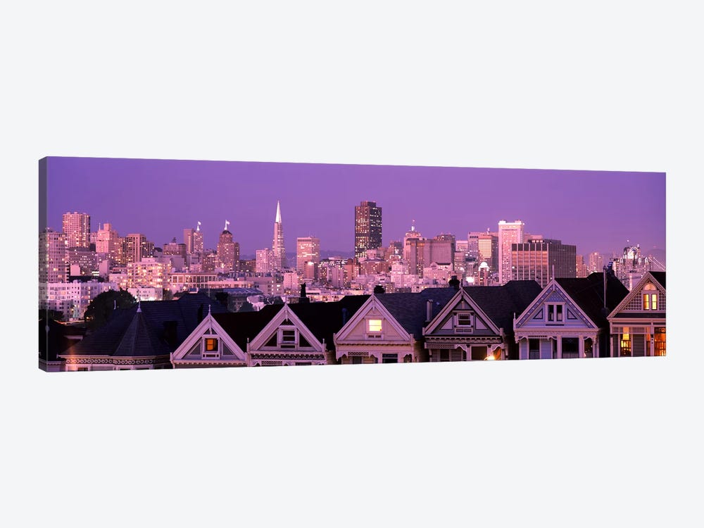 Skyscrapers lit up at night in a city, San Francisco, California, USA by Panoramic Images 1-piece Canvas Art