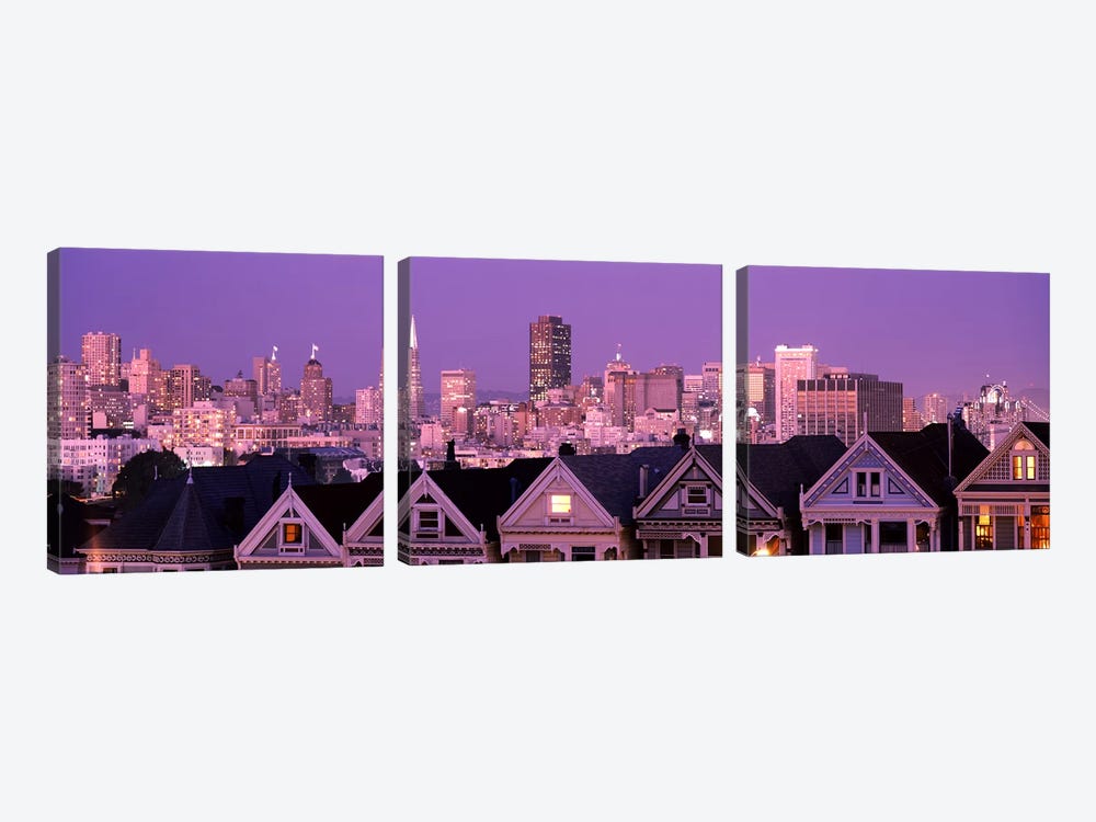 Skyscrapers lit up at night in a city, San Francisco, California, USA by Panoramic Images 3-piece Canvas Art