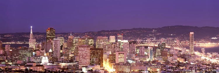 High angle view of a city at dusk, San Francisco, California, USA