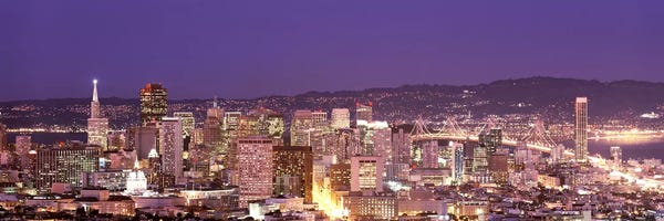 High angle view of a city at dusk, San Francisco, California, USA