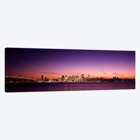 Suspension bridge with city skyline at dusk, Bay Bridge, San Francisco Bay, San Francisco, California, USA Canvas Print #PIM7595} by Panoramic Images Canvas Artwork