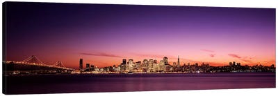 Suspension bridge with city skyline at dusk, Bay Bridge, San Francisco Bay, San Francisco, California, USA Canvas Art Print - City Sunrise & Sunset Art