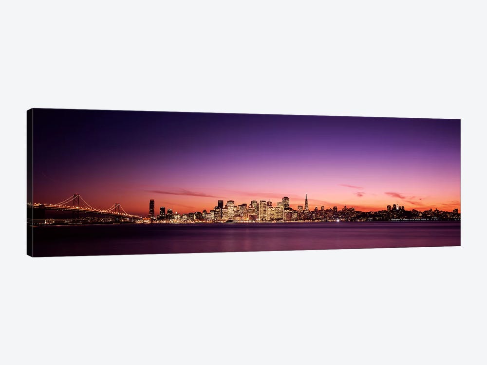 Suspension bridge with city skyline at dusk, Bay Bridge, San Francisco Bay, San Francisco, California, USA by Panoramic Images 1-piece Canvas Artwork