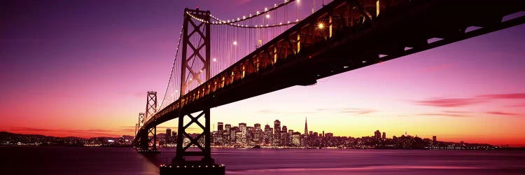 Bridge across a bay with city skyline in the background, Bay Bridge, San Francisco Bay, San Francisco, California, USA