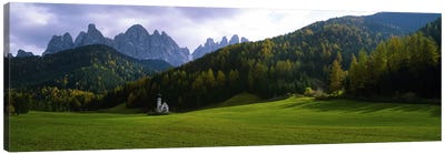 View Of St. John Of Nepomuk In Ranui With The Dolomites' Geisler Group In The Background, Val di Funes, South Tyrol, Italy Canvas Art Print - Valley Art
