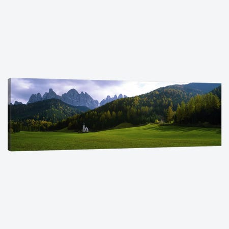 View Of St. John Of Nepomuk In Ranui With The Dolomites' Geisler Group In The Background, Val di Funes, South Tyrol, Italy Canvas Print #PIM7601} by Panoramic Images Art Print