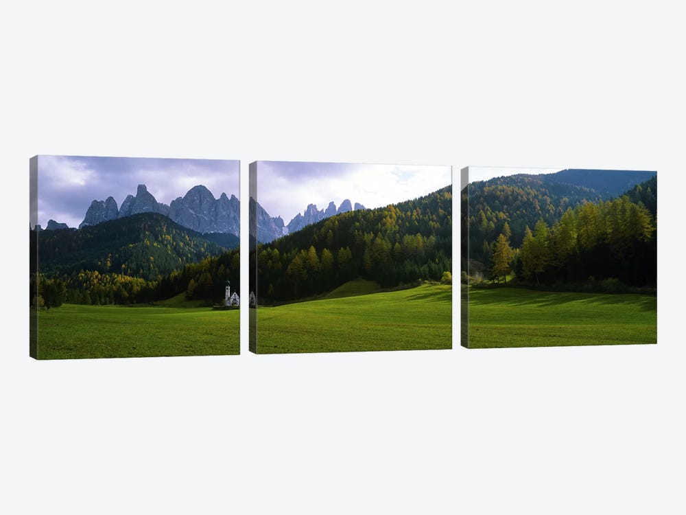 View Of St. John Of Nepomuk In Ranui With The Dolomites' Geisler Group In The Background, Val di Funes, South Tyrol, Italy by Panoramic Images 3-piece Canvas Art Print