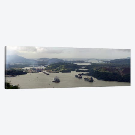 Aerial View Of The Panama Canal Featuring The Miraflores Locks And Bridge Of Americas Canvas Print #PIM7612} by Panoramic Images Canvas Art
