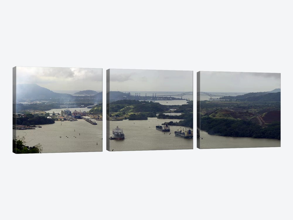 Aerial View Of The Panama Canal Featuring The Miraflores Locks And Bridge Of Americas by Panoramic Images 3-piece Art Print