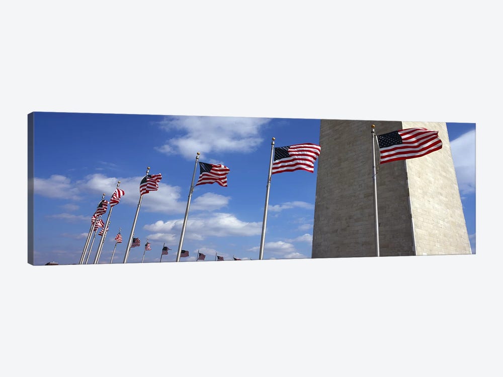 American Flags Flapping In The Wind, Washington Monument, National Mall, Washington, D.C., USA by Panoramic Images 1-piece Canvas Wall Art