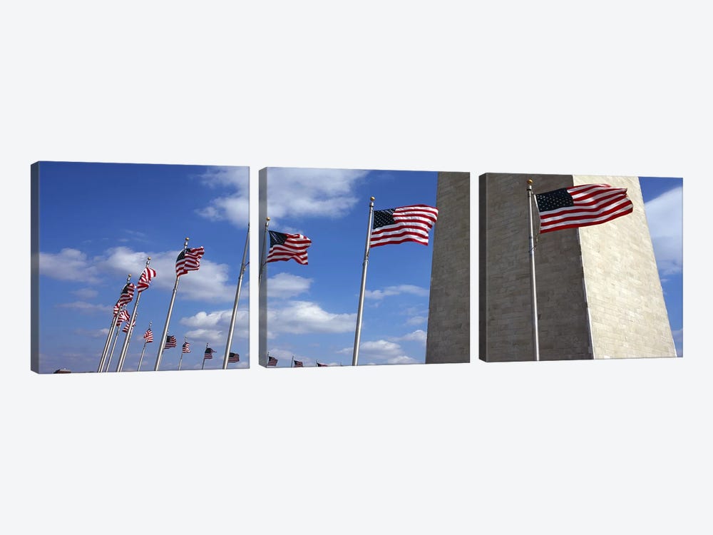 American Flags Flapping In The Wind, Washington Monument, National Mall, Washington, D.C., USA by Panoramic Images 3-piece Canvas Wall Art