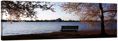 Park bench with a memorial in the background, Jefferson Memorial, Tidal Basin, Potomac River, Washington DC, USA Canvas Art Print - Washington D.C. Art