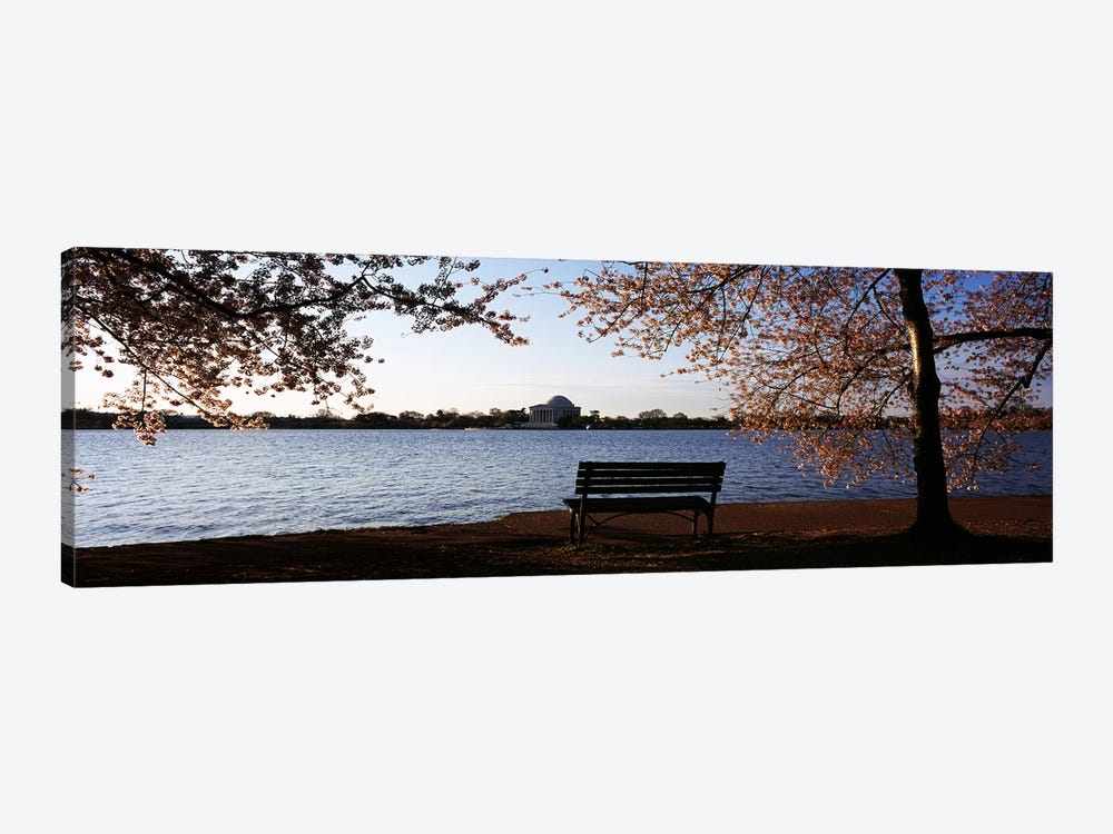 Park bench with a memorial in the background, Jefferson Memorial, Tidal Basin, Potomac River, Washington DC, USA by Panoramic Images 1-piece Canvas Wall Art