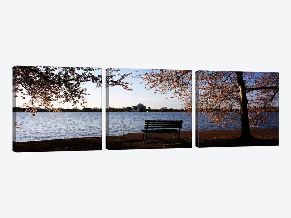 Park bench with a memorial in the background, Jefferson Memorial, Tidal Basin, Potomac River, Washington DC, USA by Panoramic Images 3-piece Canvas Art