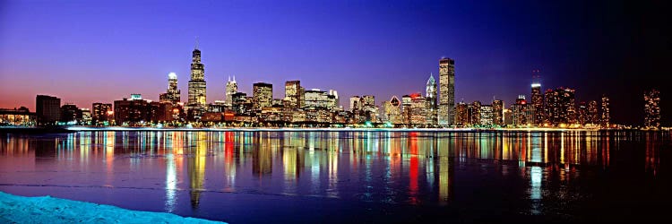 Illuminated Skyline & It's Reflection In Lake Michigan, Chicago, Cook County, Illinois, USA