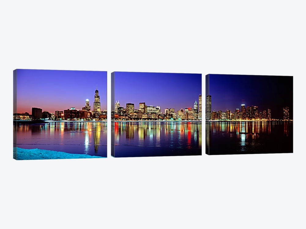 Illuminated Skyline & It's Reflection In Lake Michigan, Chicago, Cook County, Illinois, USA by Panoramic Images 3-piece Canvas Art Print