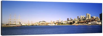 Sea with a city in the background, Coit Tower, Ghirardelli Square, San Francisco, California, USA Canvas Art Print - San Francisco Skylines