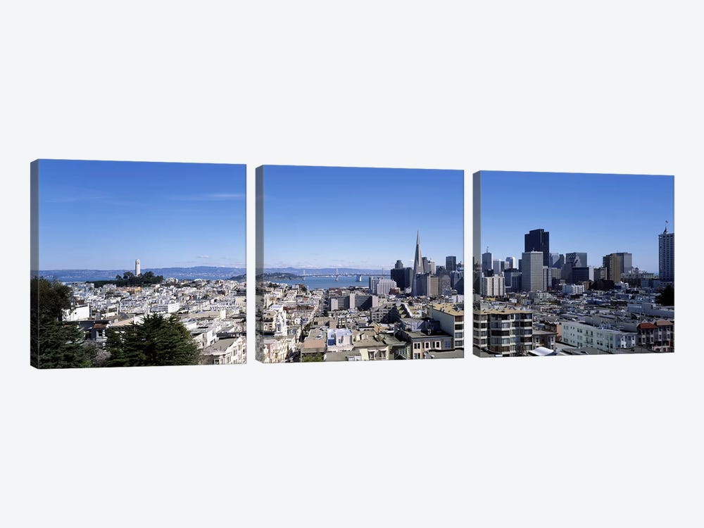 High angle view of a city, Coit Tower, Telegraph Hill, Bay Bridge, San Francisco, California, USA by Panoramic Images 3-piece Canvas Art Print