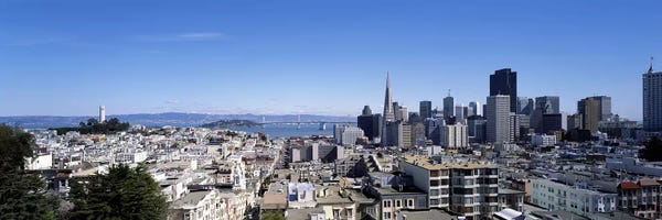 San Francisco Skylines: High angle view of a city, Coit Tower, Telegraph Hill, Bay Bridge, San Francisco, California, USA by Panoramic Images