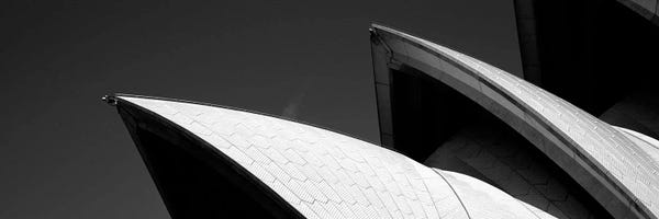 Sydney Opera House: Low angle view of opera house sails, Sydney Opera House, Sydney Harbor, Sydney, New South Wales, Australia (black & white) by Panoramic Images