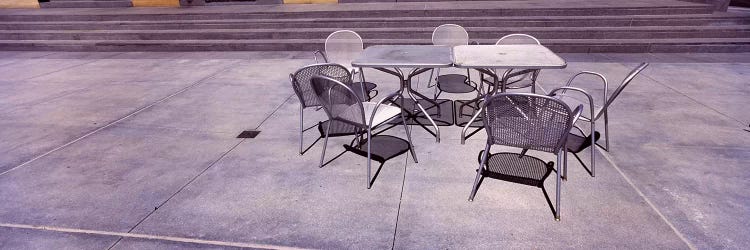 Tables with chairs on a streetSan Jose, Santa Clara County, California, USA