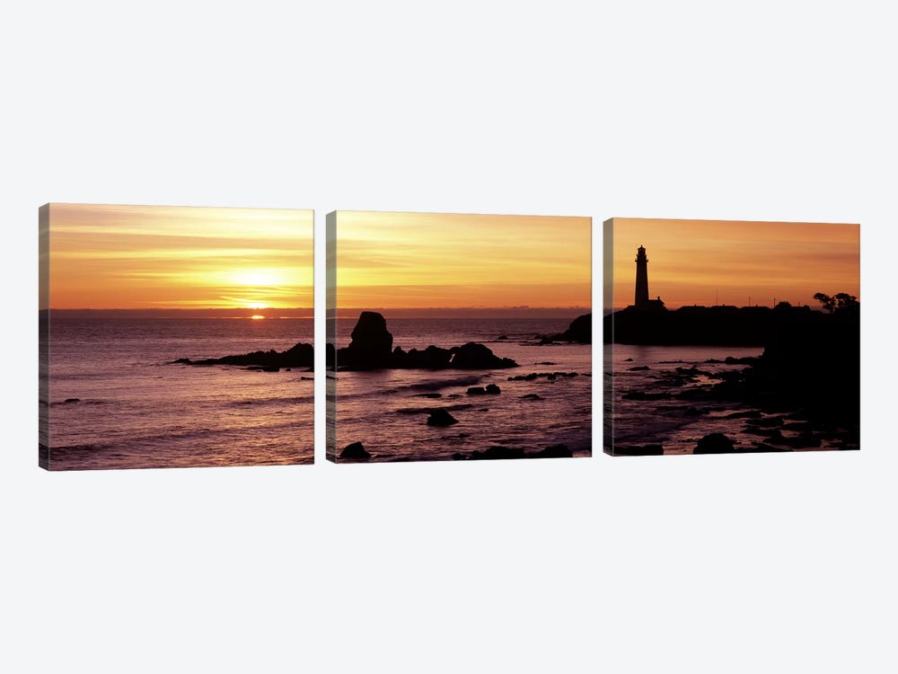Silhouette of a lighthouse at sunset, Pigeon Point Lighthouse, San Mateo County, California, USA by Panoramic Images 3-piece Canvas Print