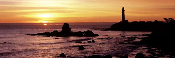 Lighthouses: Silhouette of a lighthouse at sunset, Pigeon Point Lighthouse, San Mateo County, California, USA by Panoramic Images