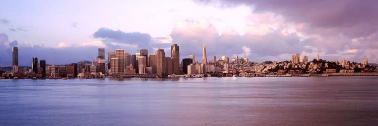 San Francisco city skyline at sunrise viewed from Treasure Island side, San Francisco Bay, California, USA