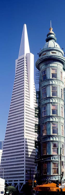 Low angle view of towers, Columbus Tower, Transamerica Pyramid, San Francisco, California, USA