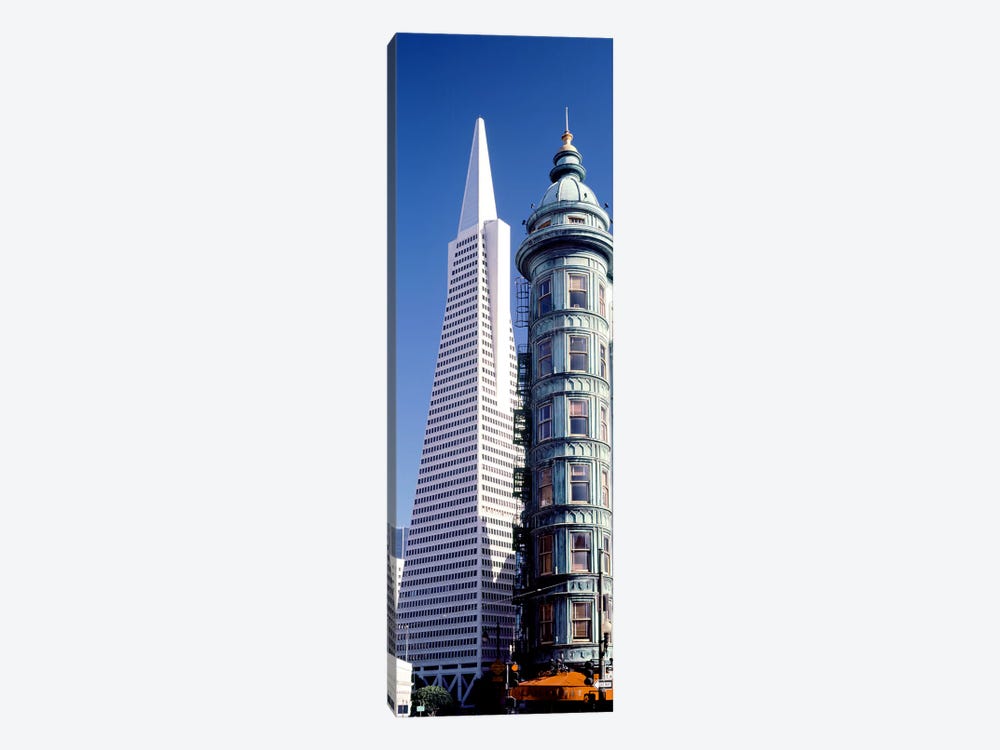 Low angle view of towers, Columbus Tower, Transamerica Pyramid, San Francisco, California, USA by Panoramic Images 1-piece Canvas Art