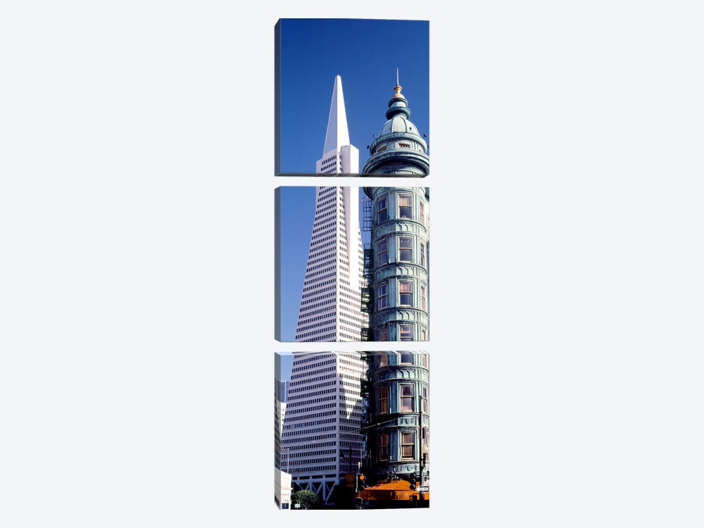 Low angle view of towers, Columbus Tower, Transamerica Pyramid, San Francisco, California, USA by Panoramic Images 3-piece Canvas Art