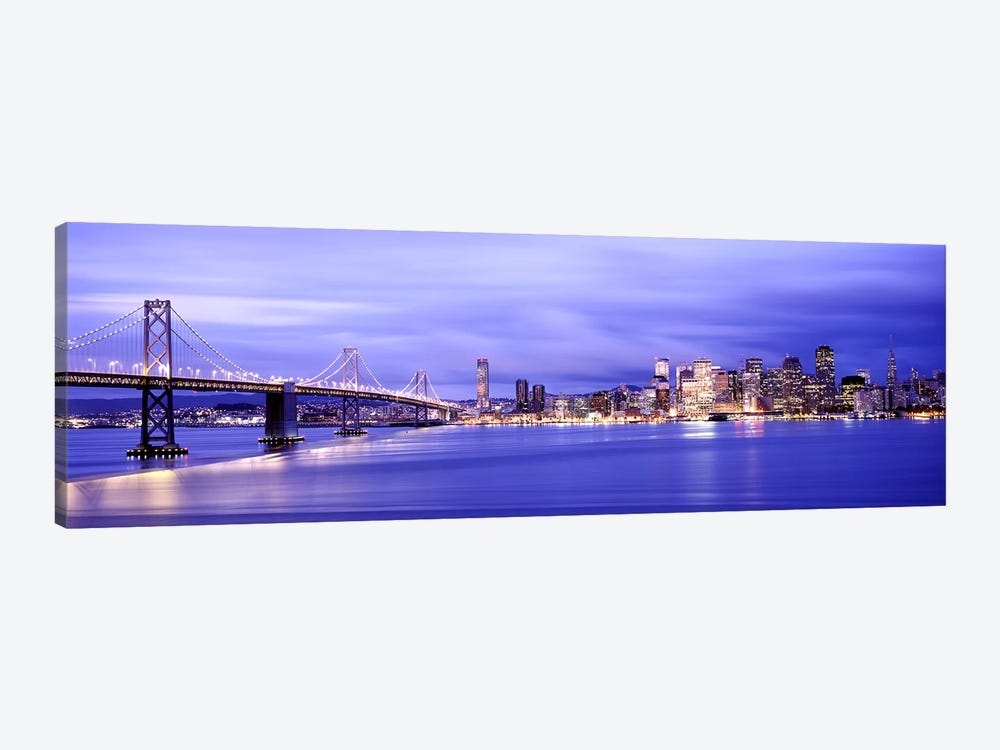 Bridge lit up at duskBay Bridge, San Francisco Bay, San Francisco, California, USA by Panoramic Images 1-piece Canvas Wall Art