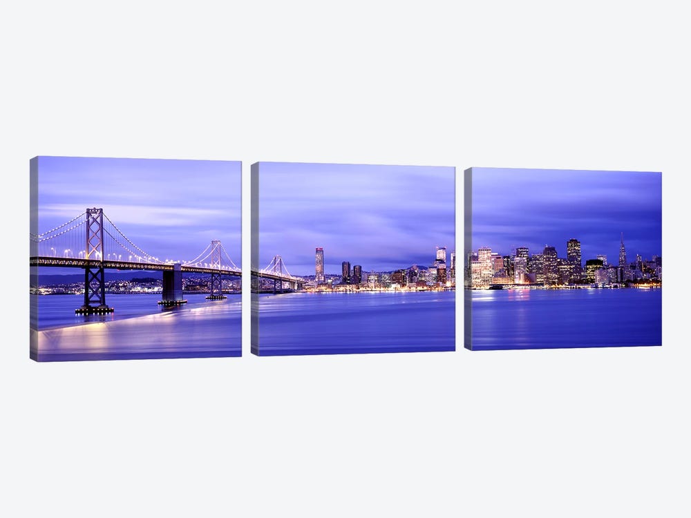 Bridge lit up at duskBay Bridge, San Francisco Bay, San Francisco, California, USA by Panoramic Images 3-piece Canvas Art