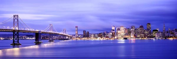 Bridges: Bridge lit up at duskBay Bridge, San Francisco Bay, San Francisco, California, USA by Panoramic Images