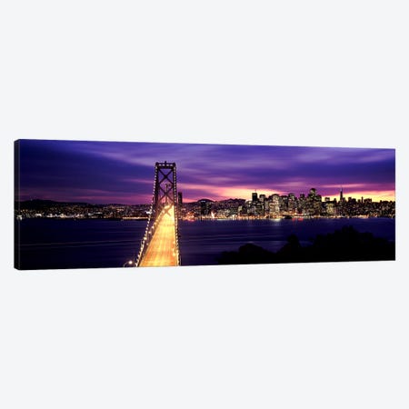 Bridge lit up at dusk, Bay Bridge, San Francisco Bay, San Francisco, California, USA Canvas Print #PIM7833} by Panoramic Images Canvas Artwork