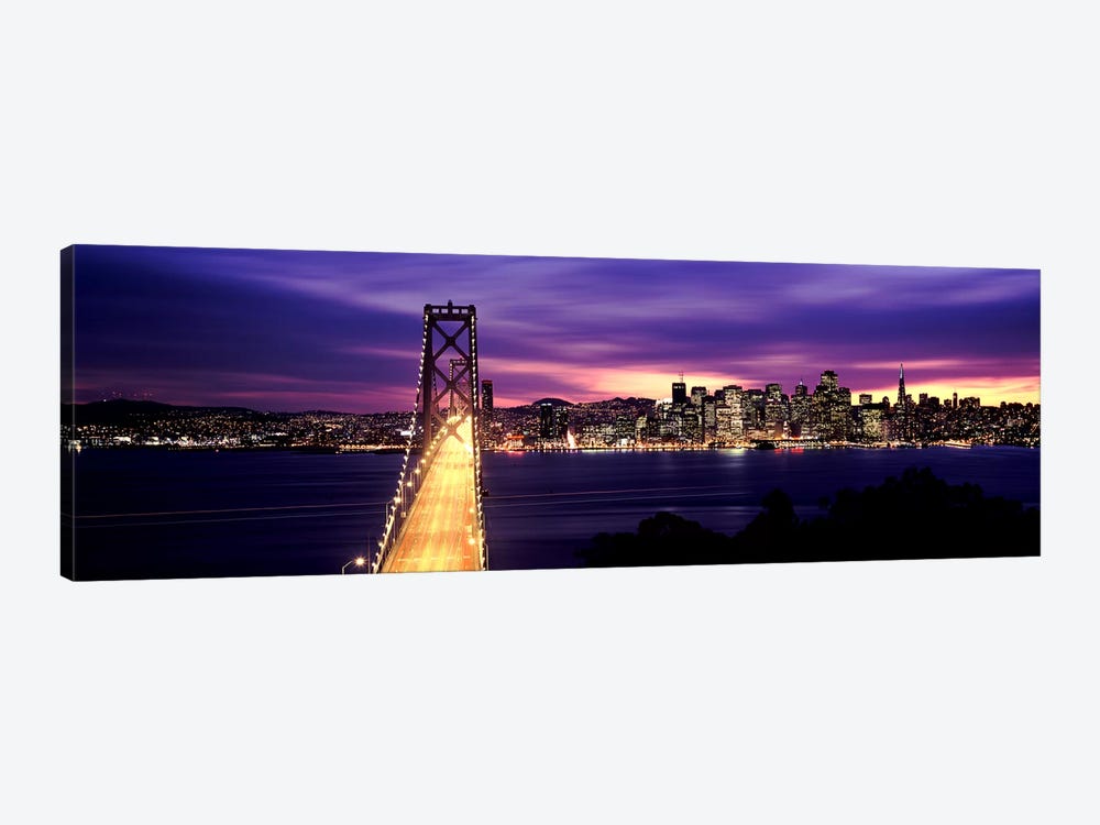 Bridge lit up at dusk, Bay Bridge, San Francisco Bay, San Francisco, California, USA by Panoramic Images 1-piece Art Print
