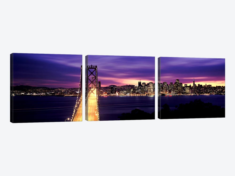 Bridge lit up at dusk, Bay Bridge, San Francisco Bay, San Francisco, California, USA by Panoramic Images 3-piece Canvas Print