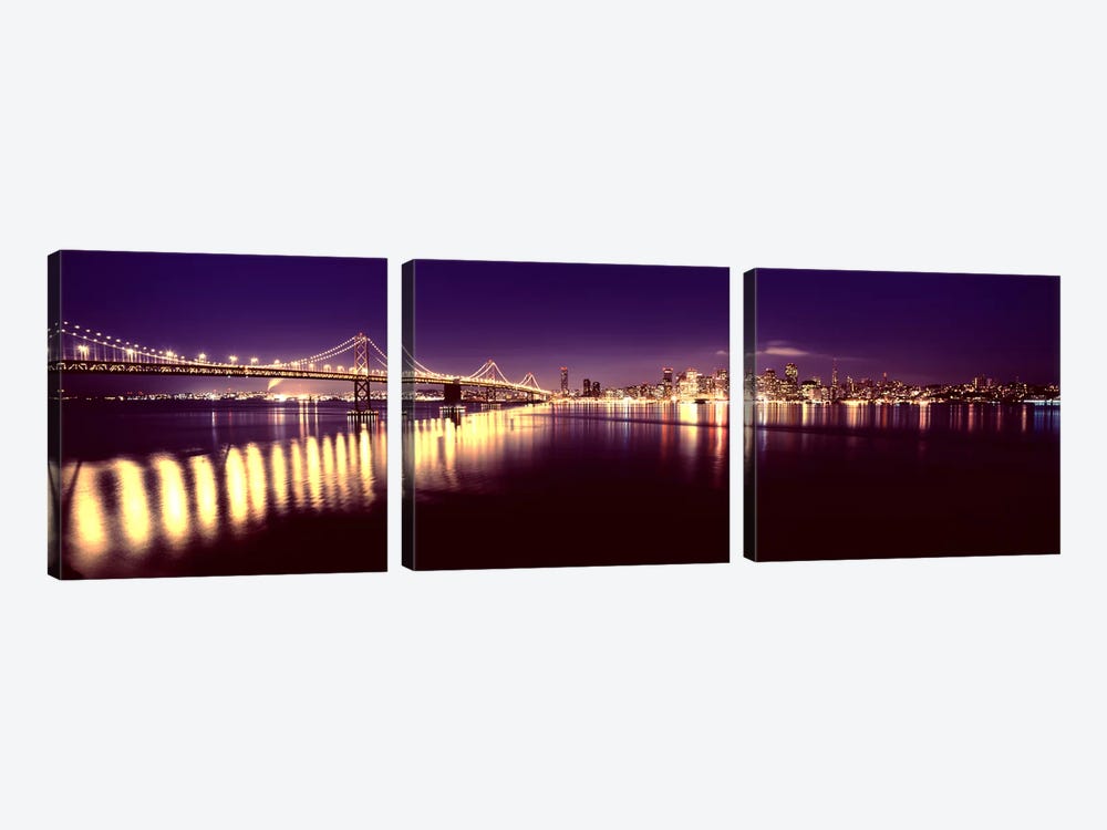 Bridge lit up at nightBay Bridge, San Francisco Bay, San Francisco, California, USA by Panoramic Images 3-piece Canvas Artwork