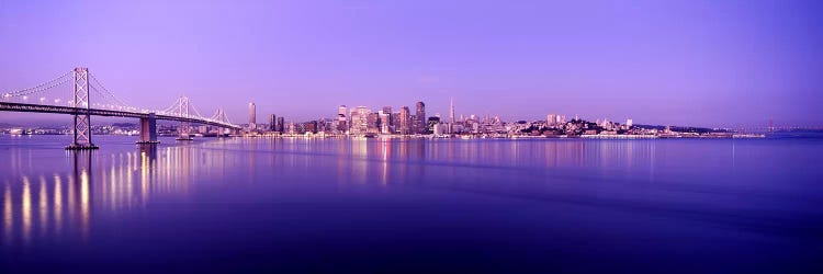 Bridge across a bay with city skyline in the background, Bay Bridge, San Francisco Bay, San Francisco, California, USA