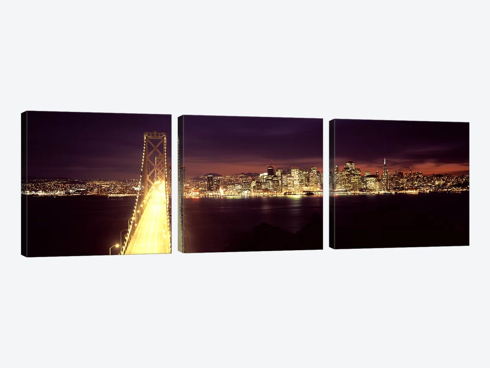 Bridge lit up at night, Bay Bridge, San Francisco Bay, San Francisco, California, USA by Panoramic Images 3-piece Canvas Wall Art