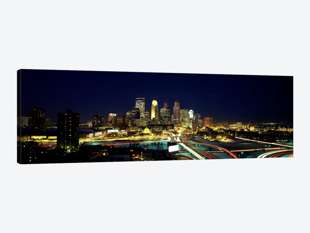 Buildings lit up at night in a cityMinneapolis, Hennepin County, Minnesota, USA by Panoramic Images 1-piece Canvas Artwork