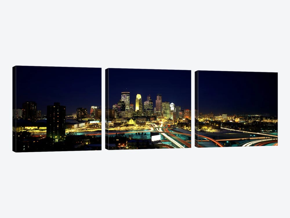 Buildings lit up at night in a cityMinneapolis, Hennepin County, Minnesota, USA by Panoramic Images 3-piece Canvas Artwork